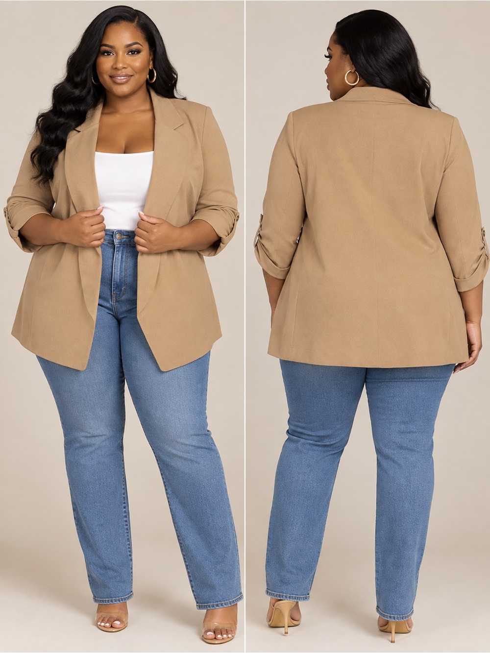Plus-Size Tailored Tan Blazer Jacket